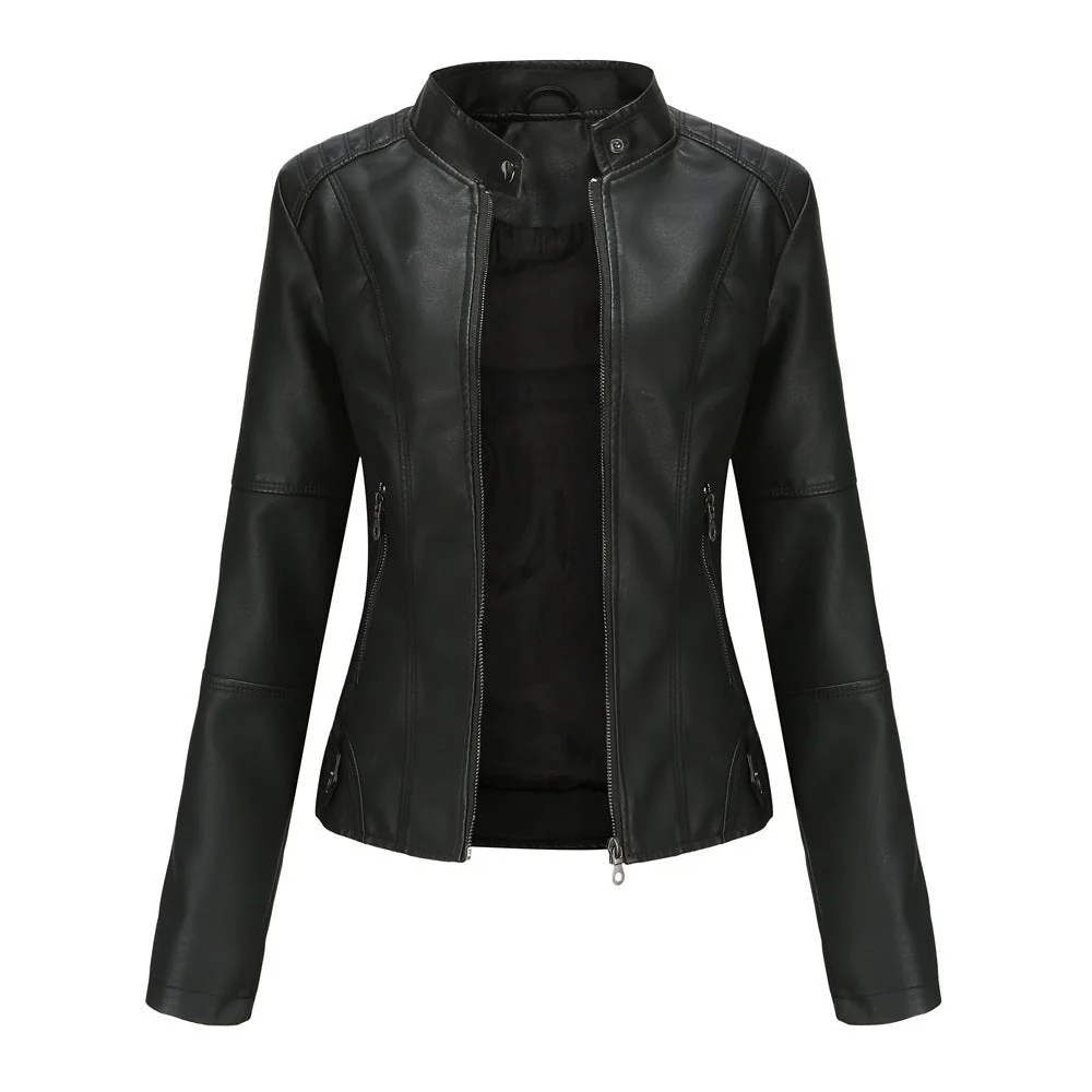 Women's leather jacket – Fitted model – Stand-up collar – Zipped pockets – Long sleeve - Image 8