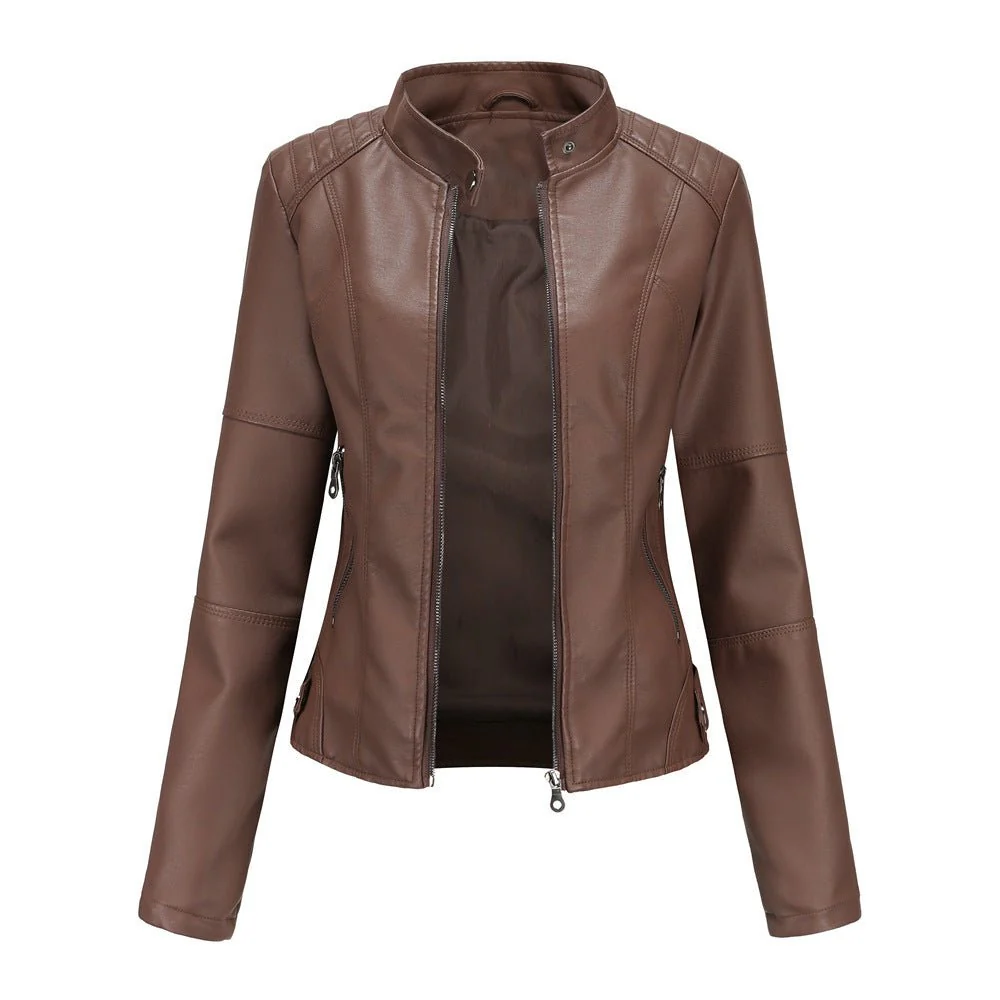 Women's leather jacket – Fitted model – Stand-up collar – Zipped pockets – Long sleeve - Image 9