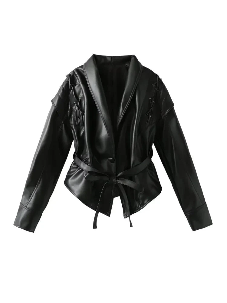 Women's leather jacket – Fitted silhouette – Shawl collar – Belt – Lace-up shoulders - Image 2