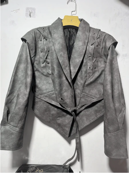 Women's leather jacket – Fitted silhouette – Shawl collar – Belt – Lace-up shoulders - Image 3