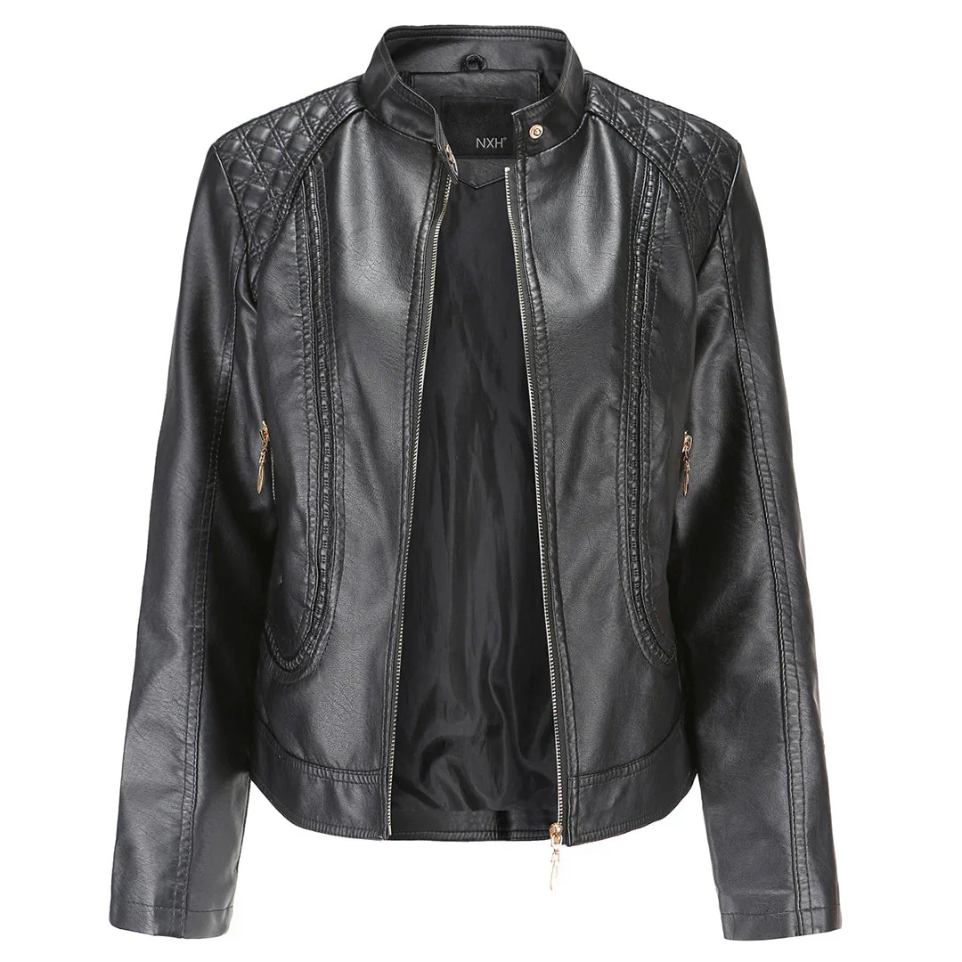 Ladies Leather Jacket – Slim Fit – Padded Shoulders – Stand Collar – Zip Pockets