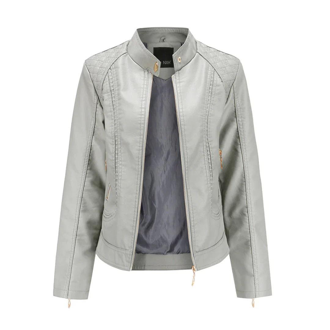 Ladies Leather Jacket – Slim Fit – Padded Shoulders – Stand Collar – Zip Pockets - Image 2