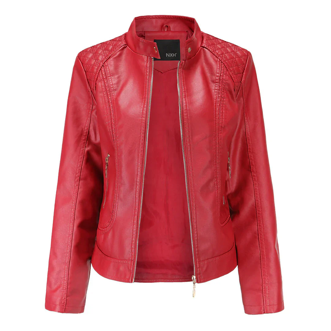 Ladies Leather Jacket – Slim Fit – Padded Shoulders – Stand Collar – Zip Pockets - Image 3