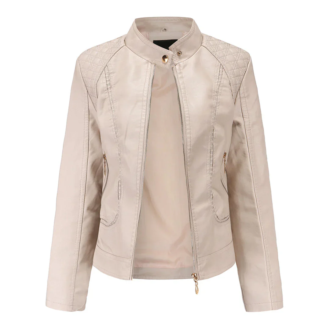 Ladies Leather Jacket – Slim Fit – Padded Shoulders – Stand Collar – Zip Pockets - Image 4