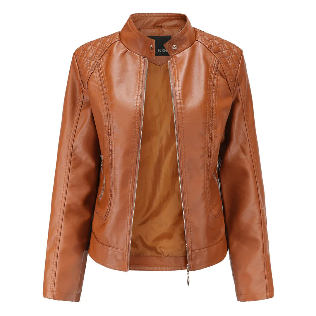 Ladies Leather Jacket – Slim Fit – Padded Shoulders – Stand Collar – Zip Pockets - Image 5