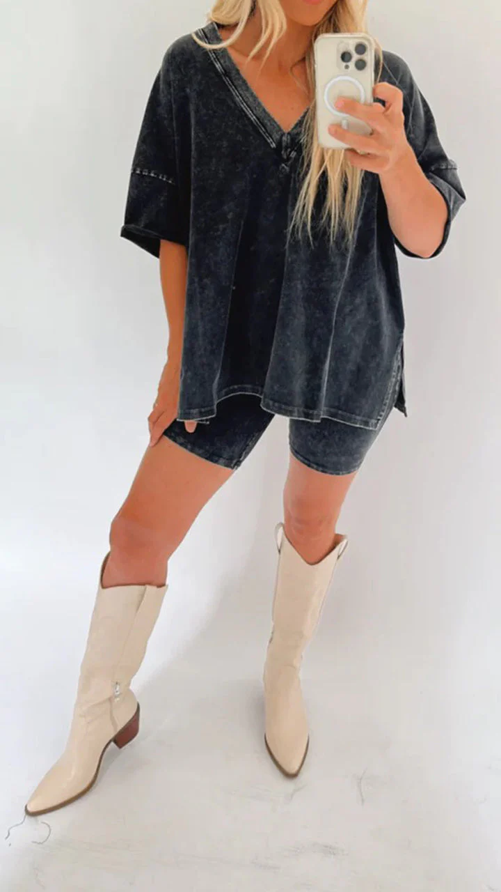Women's Lounge Set – Oversized V-Neck T-Shirt – High Waist Biker Short – Soft Stretch Fabric - Image 10
