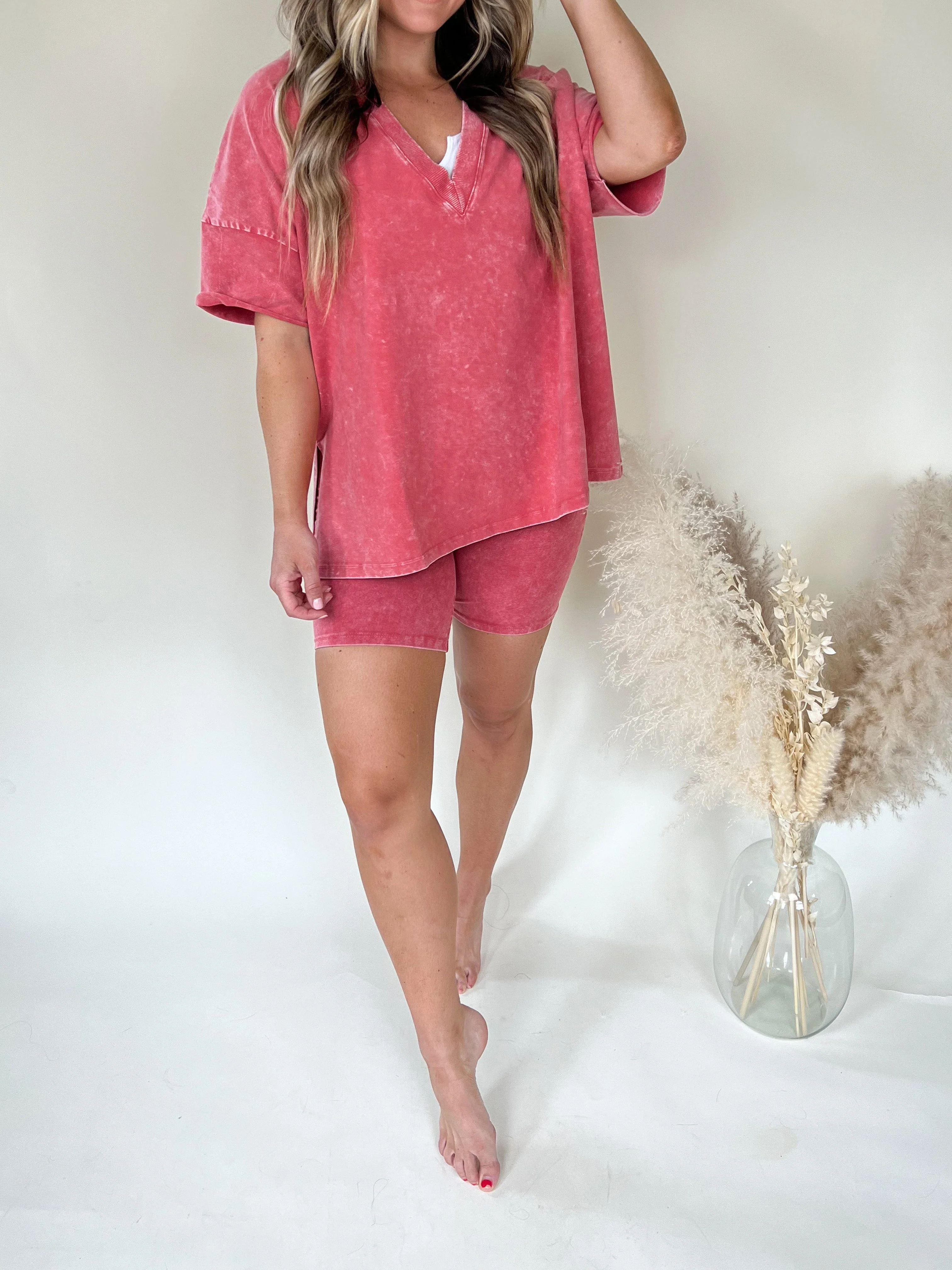 Women's Lounge Set – Oversized V-Neck T-Shirt – High Waist Biker Short – Soft Stretch Fabric - Image 4