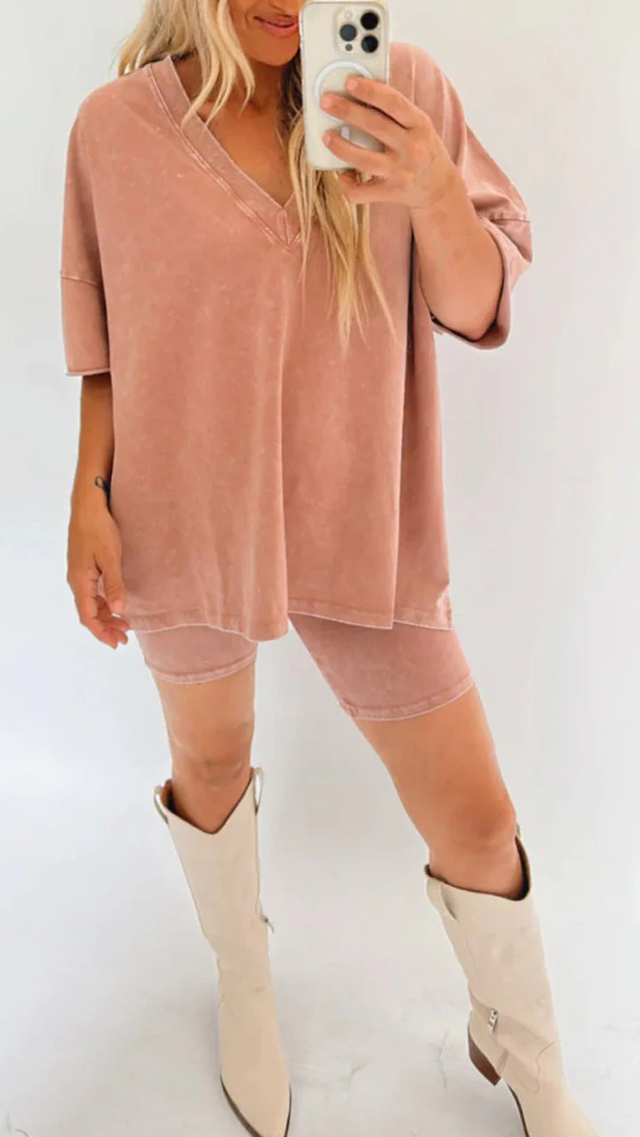 Women's Lounge Set – Oversized V-Neck T-Shirt – High Waist Biker Short – Soft Stretch Fabric - Image 7