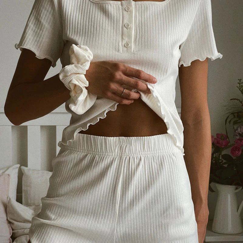 Ladies Lounge Set – Relaxed Fit – Ribbed – Button Closure – Fringed Hem - Image 3