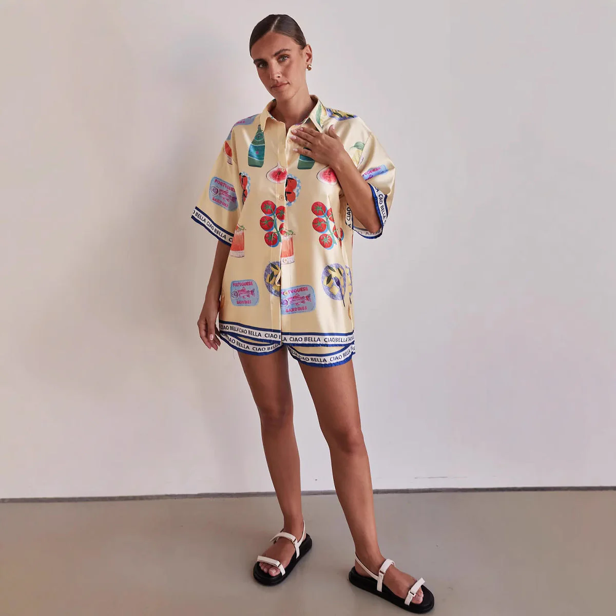 Ladies Lounge Set – Satin-look – Relaxed Fit – Button Shirt & Shorts with Drawstring - Image 2