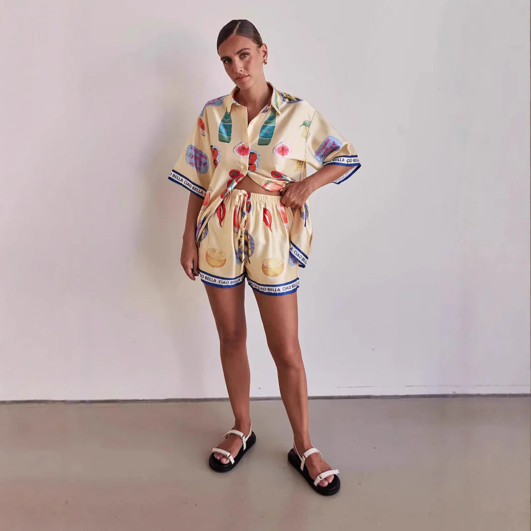 Ladies Lounge Set – Satin-look – Relaxed Fit – Button Shirt & Shorts with Drawstring - Image 3