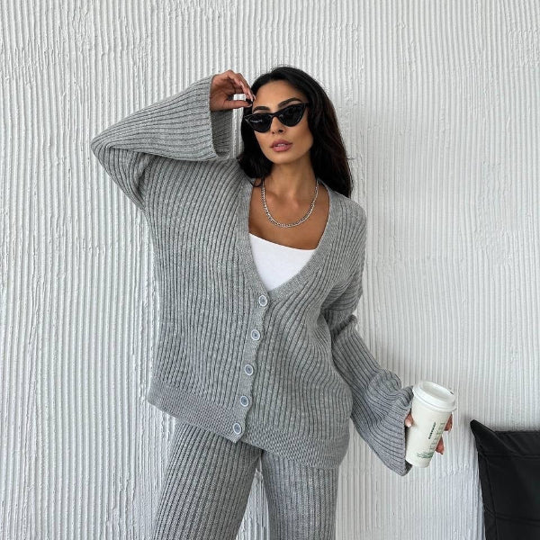 Women's Loungewear Set – Knitted Rib Fabric – Oversized Fit – Button Closure – Wide Sleeves - Image 2