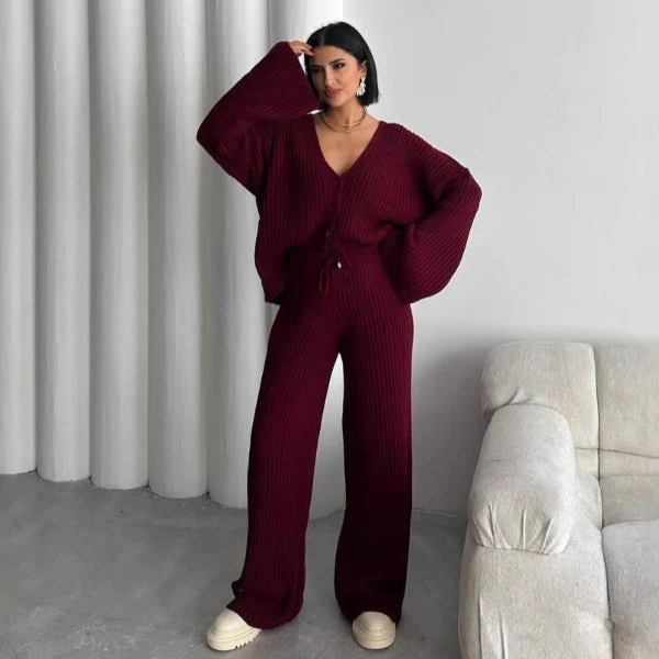 Women's Loungewear Set – Knitted Rib Fabric – Oversized Fit – Button Closure – Wide Sleeves - Image 4
