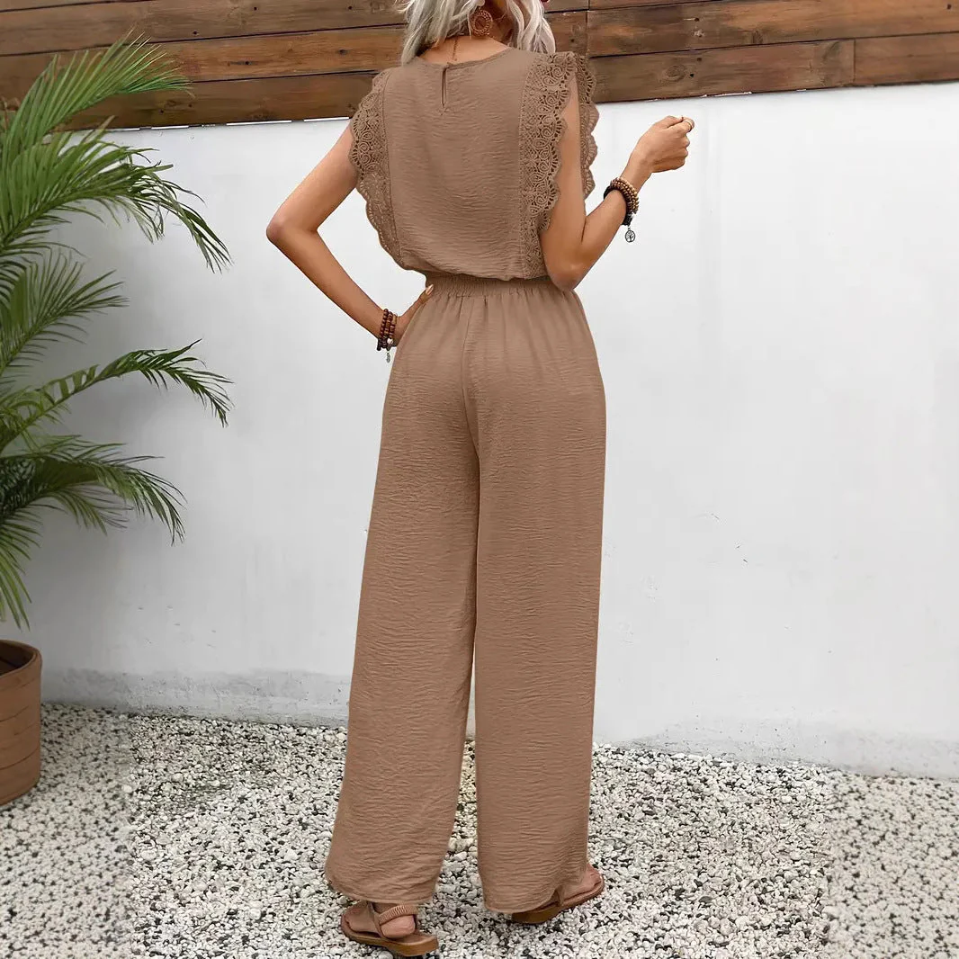 Women's Loungewear Set – Sleeveless Top with Lace – Wide Pants – Breathable Fabric - Image 2
