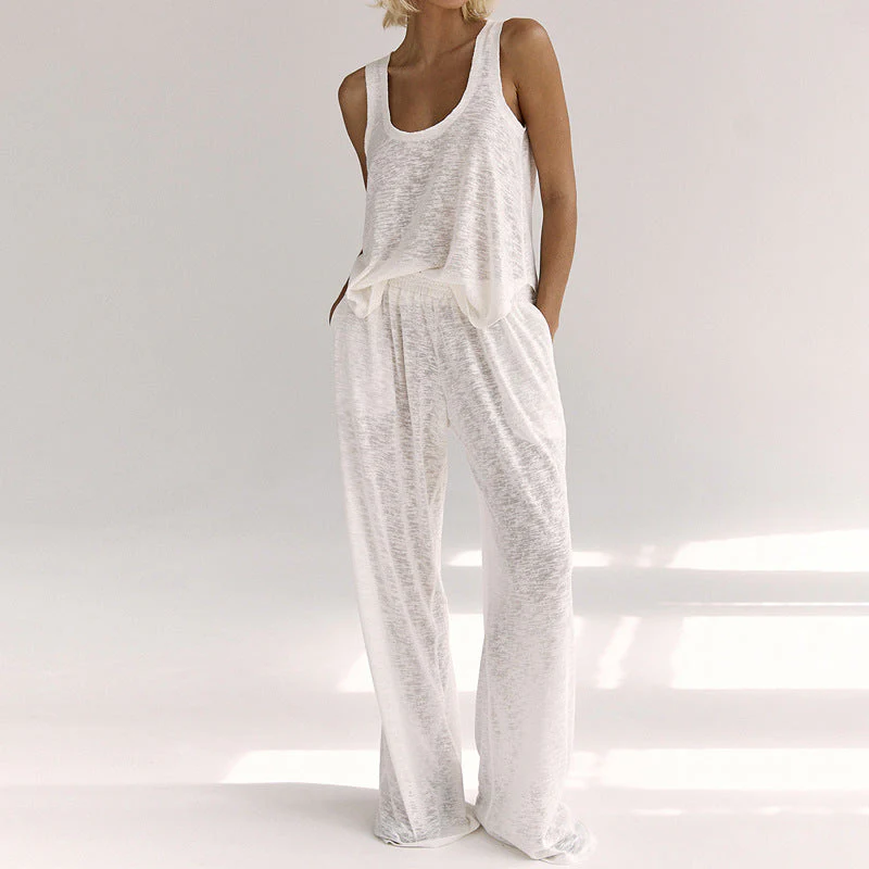 Women's Loungewear Set – Sleeveless Twist-Top – Wide-Leg Pants – Breathable Comfort Fit - Image 2