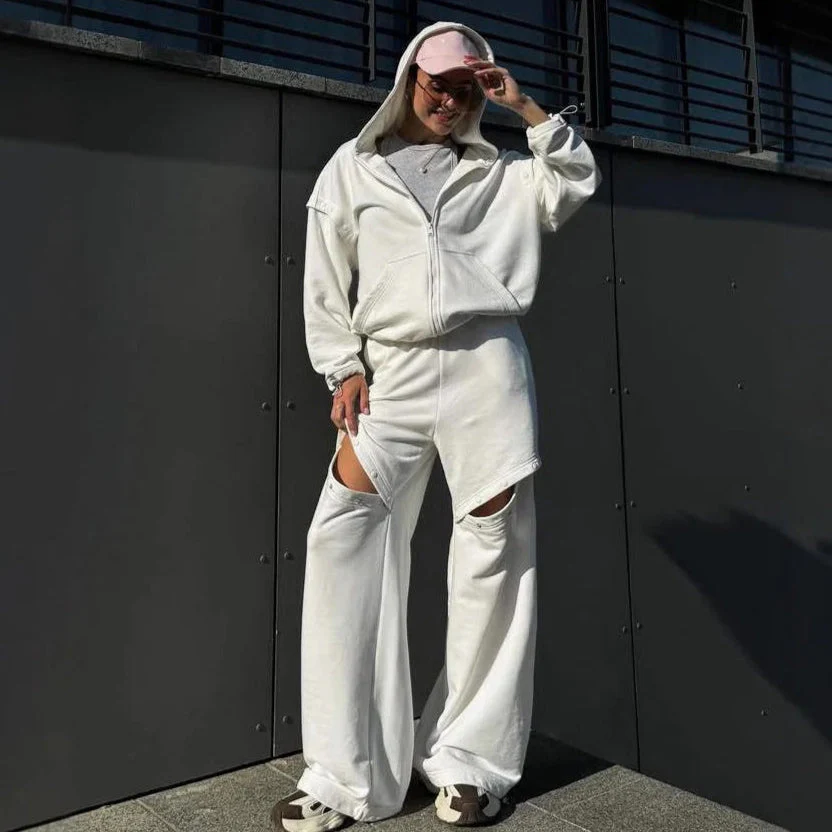 Women's Loungewear Set – Relaxed Fit – Fleece Look – Hoodie with Zipper – Wide Pants with Cut-Outs - Image 2