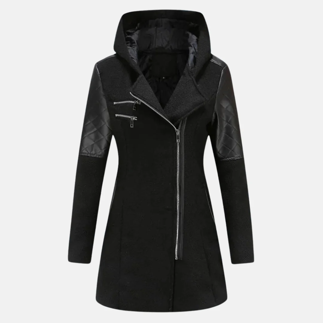 Ladies Coat – Fitted Model – Wool Mix – Padded Sleeves and Shoulders – Hood - Image 3