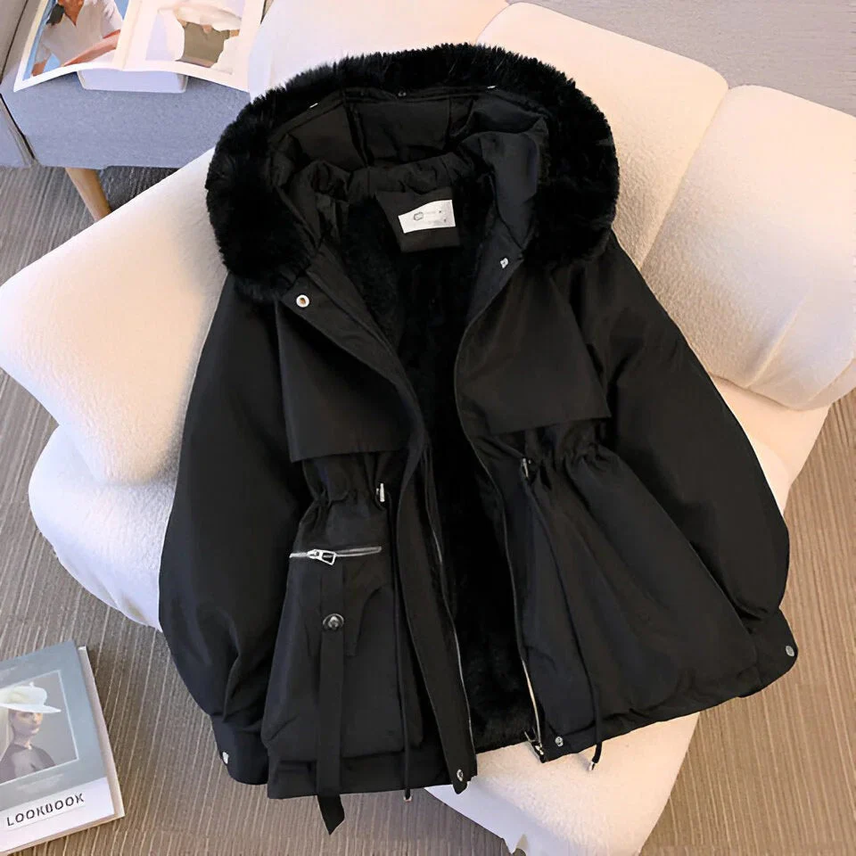 Ladies Coat – Mid-length – Tailored Fit – Faux Fur Hood – Puff Sleeves - Image 2