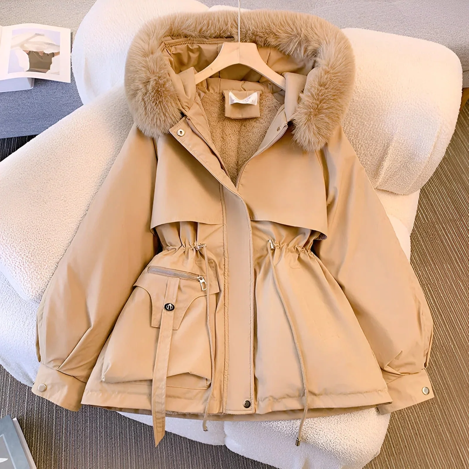 Ladies Coat – Mid-length – Tailored Fit – Faux Fur Hood – Puff Sleeves - Image 3