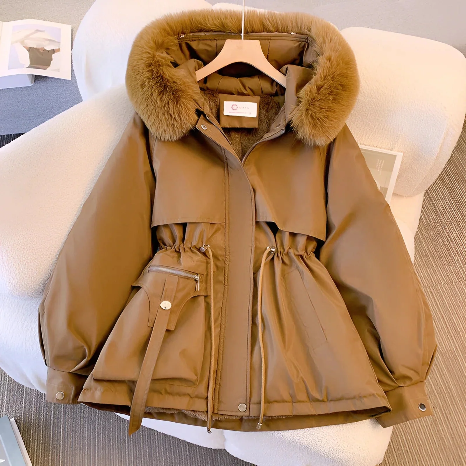Ladies Coat – Mid-length – Tailored Fit – Faux Fur Hood – Puff Sleeves - Image 4