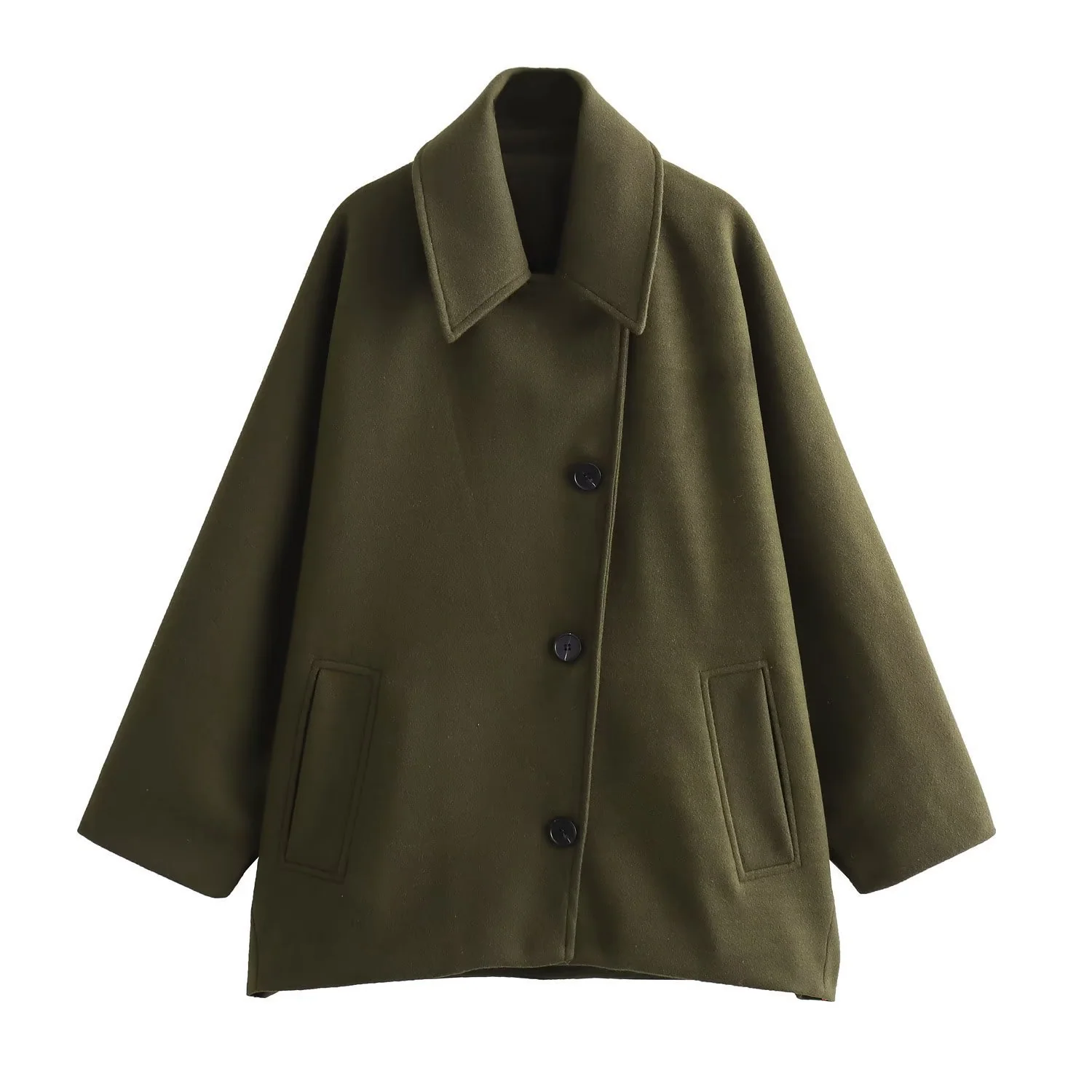 Ladies Coat – Oversized Fit – Wool Look – Batwing Sleeve – Notch Lapel – Button Closure - Image 2