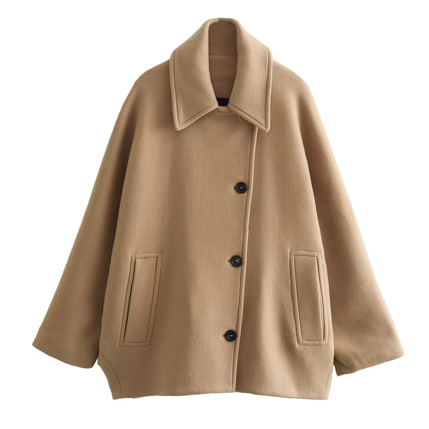 Ladies Coat – Oversized Fit – Wool Look – Batwing Sleeve – Notch Lapel – Button Closure - Image 5