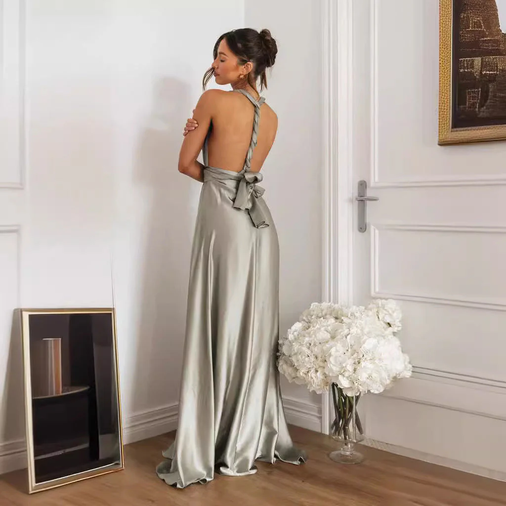 Ladies Maxi Dress – A-line Fit – Criss-Cross Open Back – Luxurious Shine – V-Neck - Image 2
