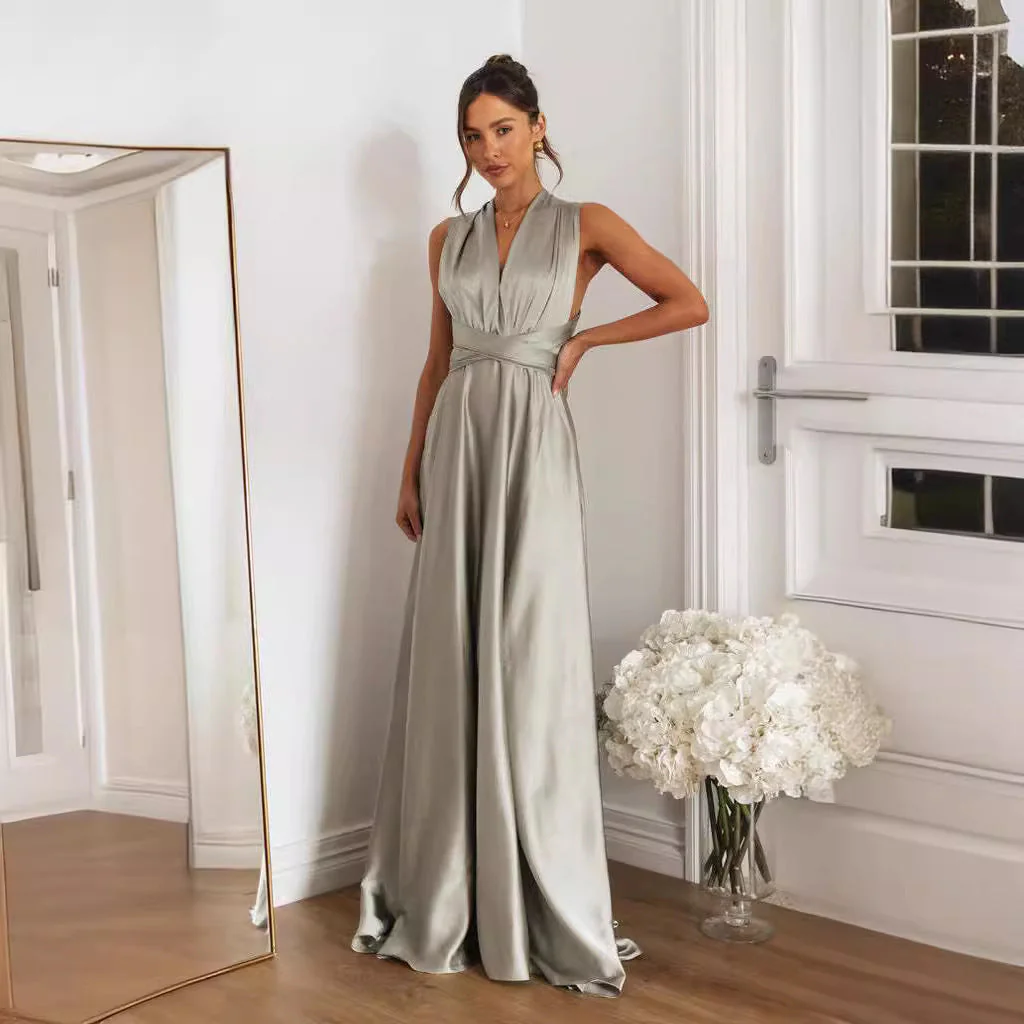 Ladies Maxi Dress – A-line Fit – Criss-Cross Open Back – Luxurious Shine – V-Neck - Image 3