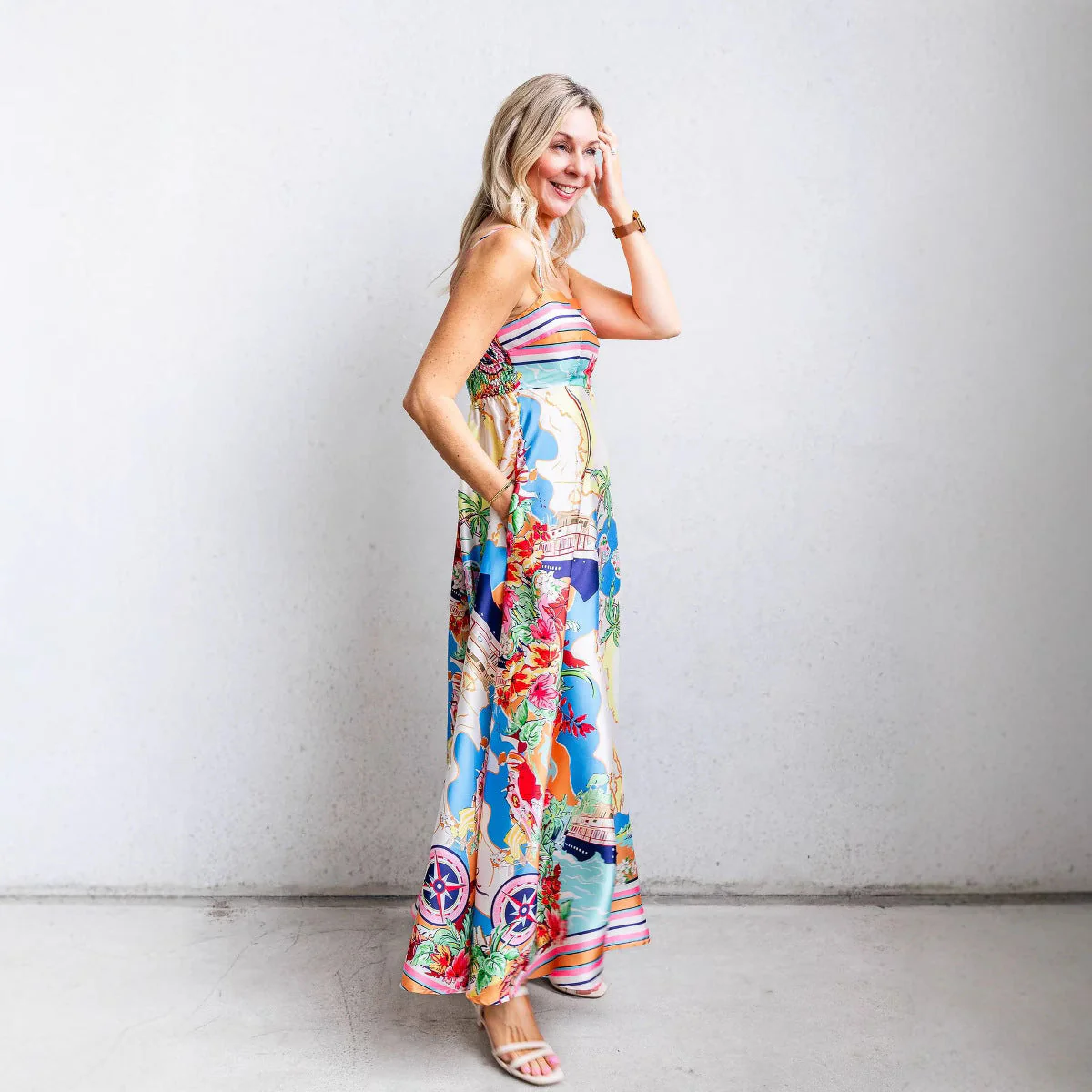 Women's Maxi Dress – A-line Fit – High Waist – Spaghetti Straps – Cotton Blend - Image 2