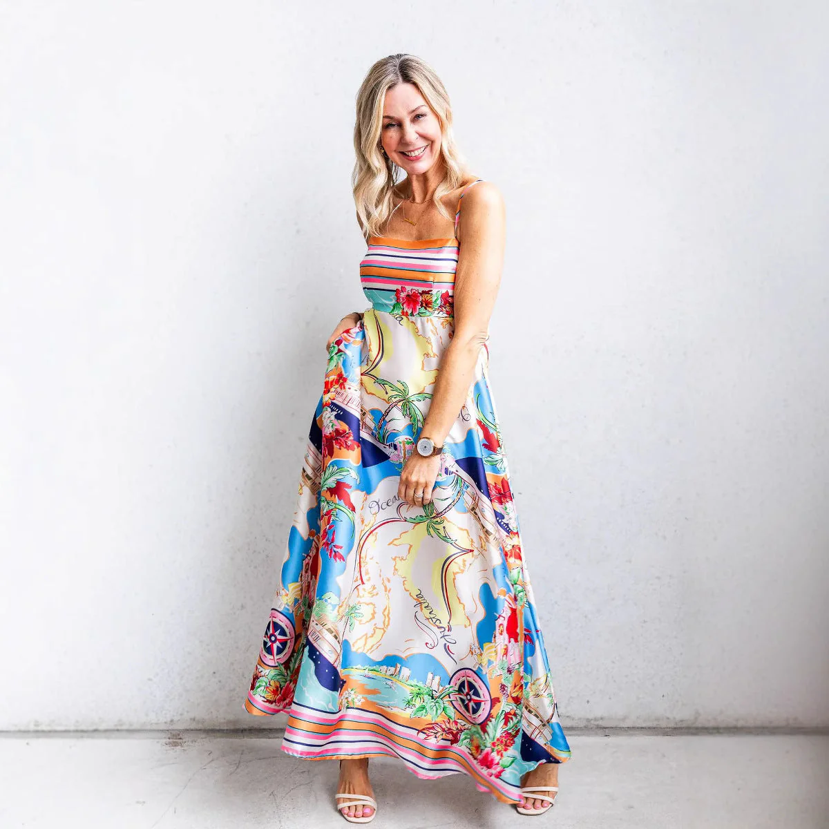 Women's Maxi Dress – A-line Fit – High Waist – Spaghetti Straps – Cotton Blend - Image 3