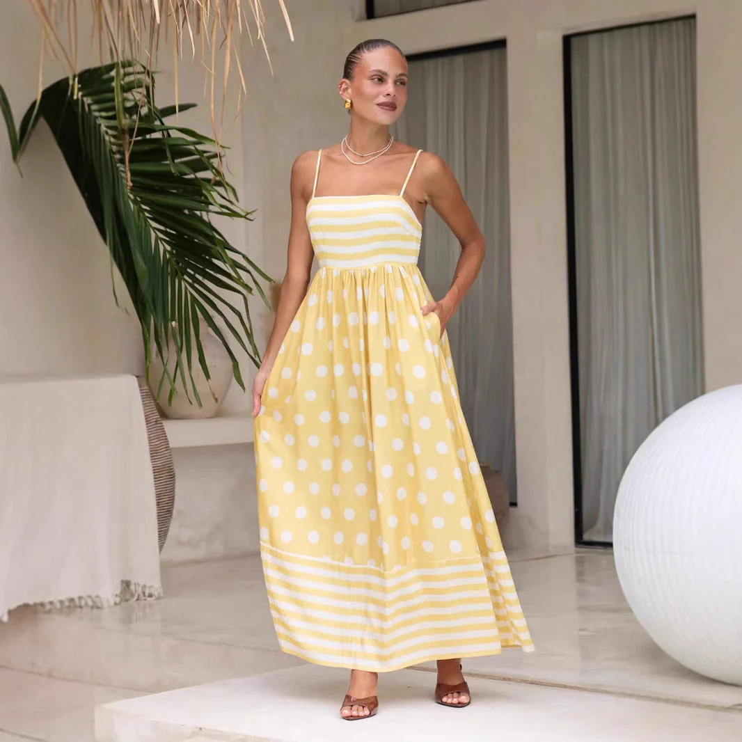 Women's Maxi Dress – A-line Fit – Cotton – Spaghetti Straps – Stripe and Polka Dot Print – With Pockets - Image 2
