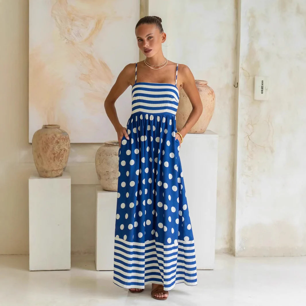 Women's Maxi Dress – A-line Fit – Cotton – Spaghetti Straps – Stripe and Polka Dot Print – With Pockets - Image 3