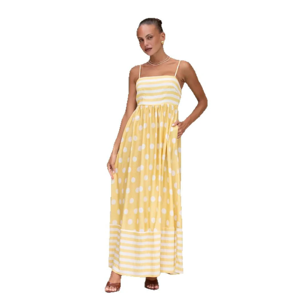 Women's Maxi Dress – A-line Fit – Cotton – Spaghetti Straps – Stripe and Polka Dot Print – With Pockets - Image 4