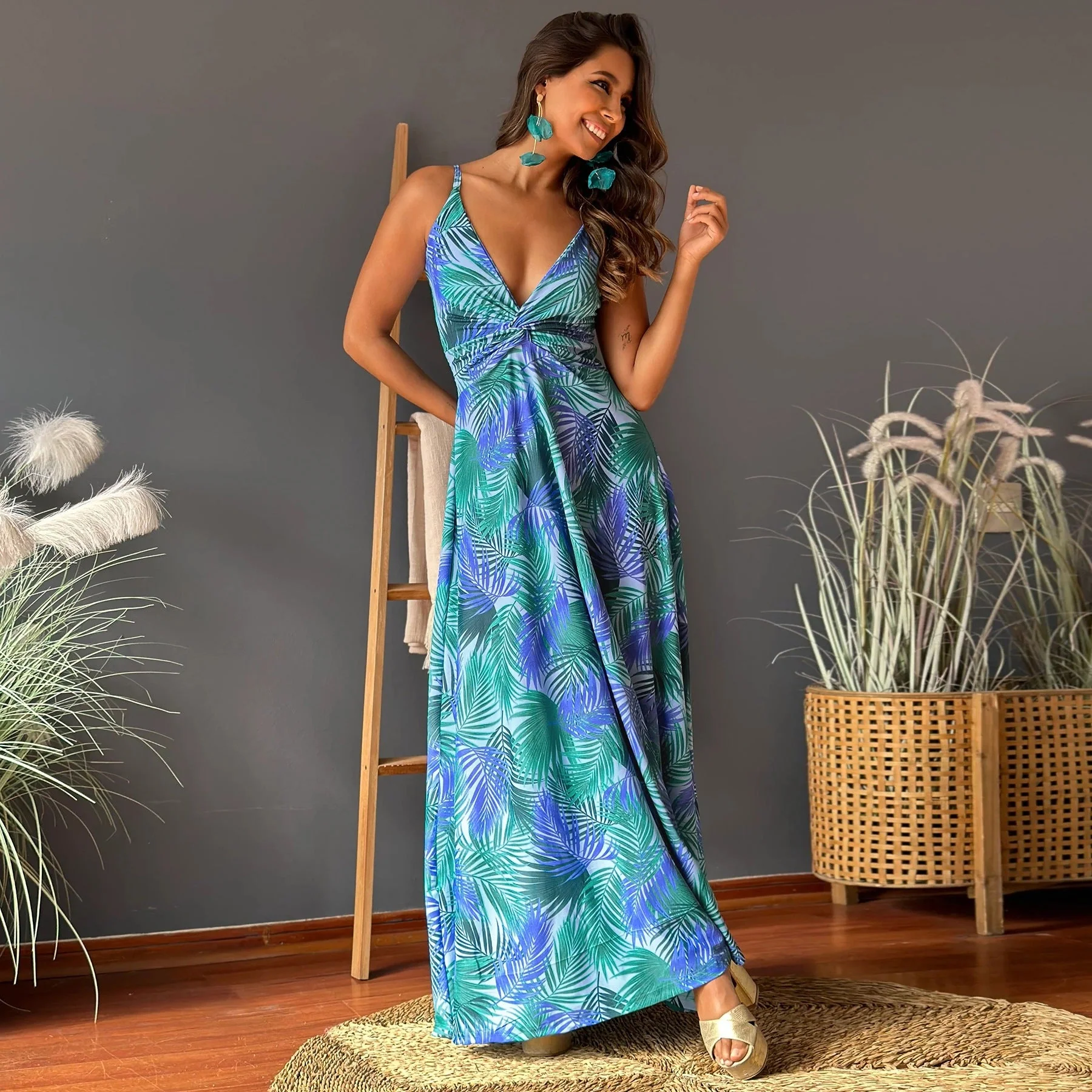 Ladies Maxi Dress – A-line Fit – Sleeveless V-neck – Twisted Detail – Print Design - Image 2