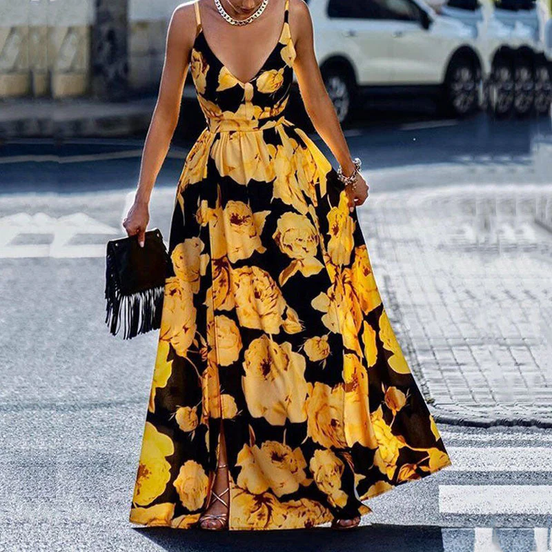 Women's Maxi Dress – A-line Fit – Spaghetti Straps – Deep Neckline – Printed Design - Image 2