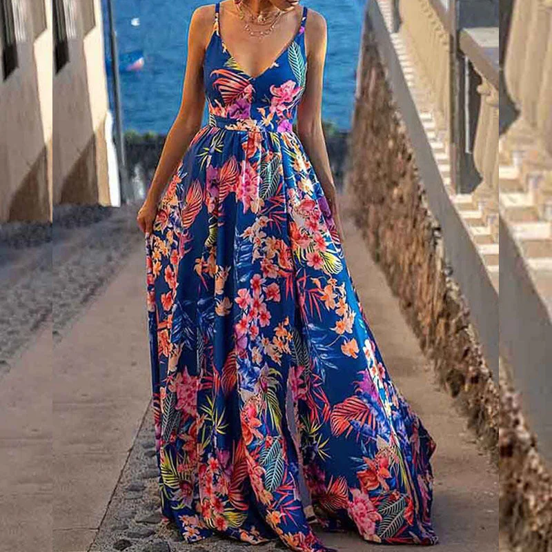Women's Maxi Dress – A-line Fit – Spaghetti Straps – Deep Neckline – Printed Design - Image 3