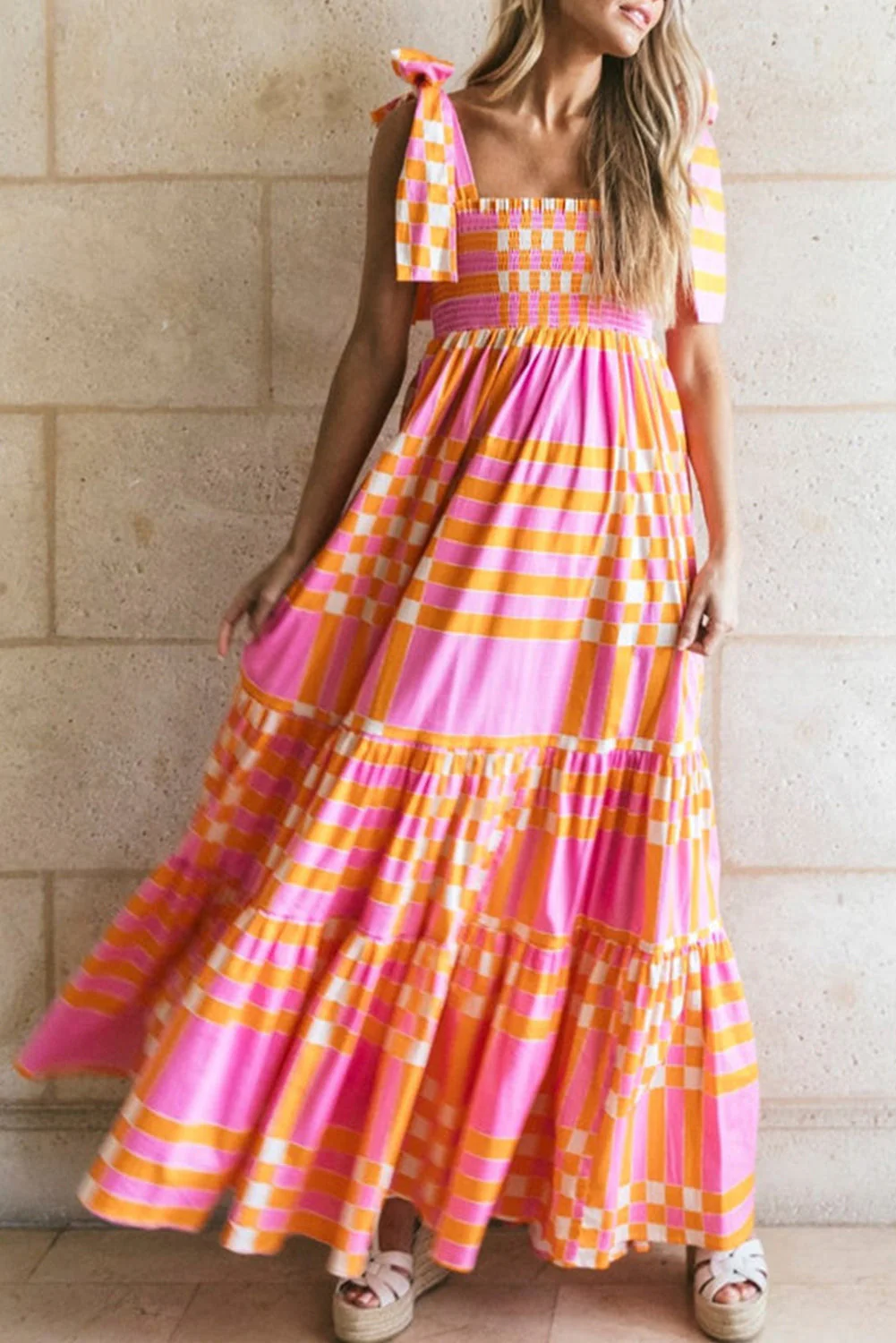 Women's Maxi Dress – A-line Fit – Tie Straps – Breathable Fabric – Check Pattern - Image 3