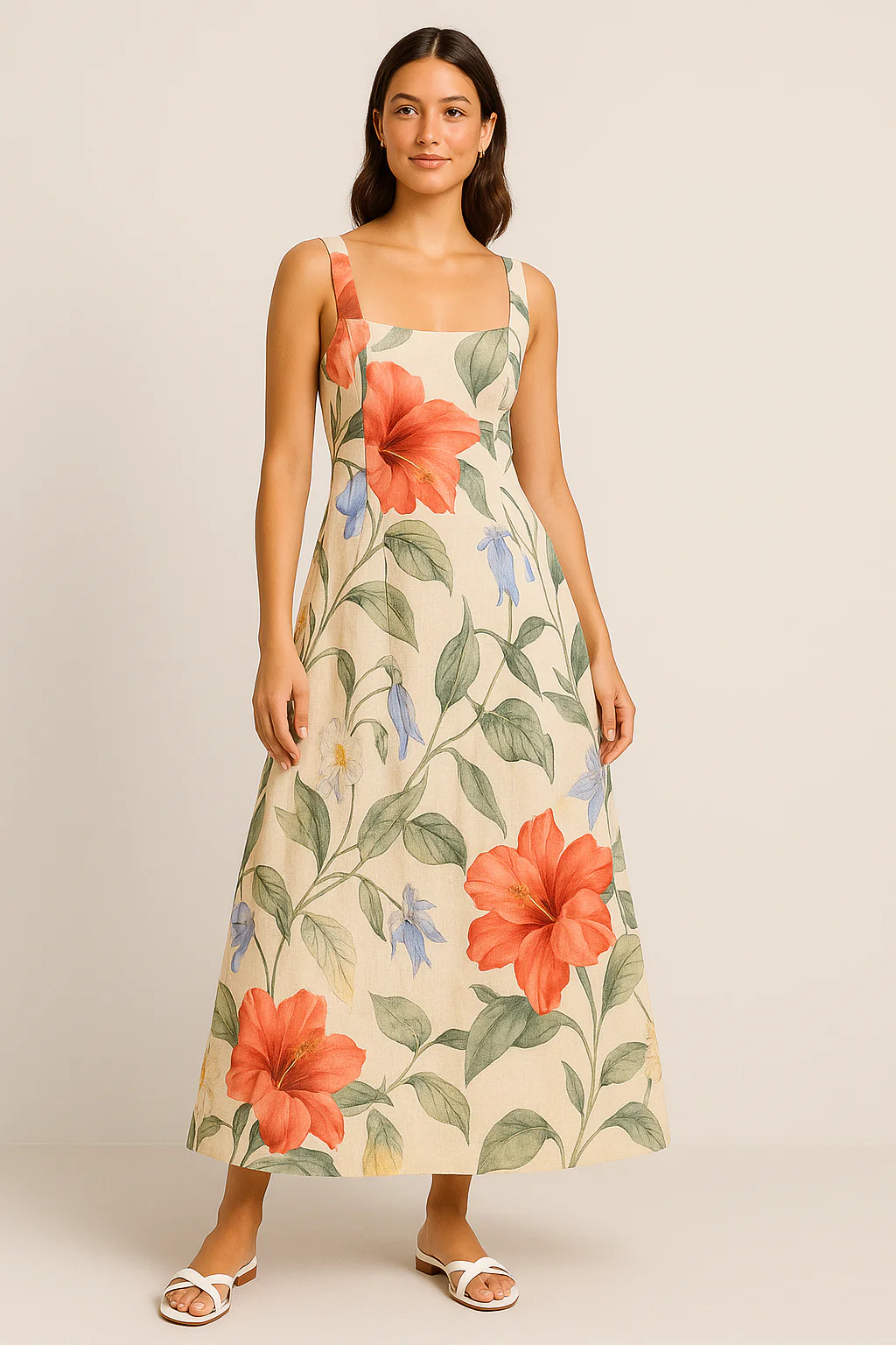 Women's Maxi Dress – A-line Fit – Square Neck – Floral Print – Airy Fabric - Image 2