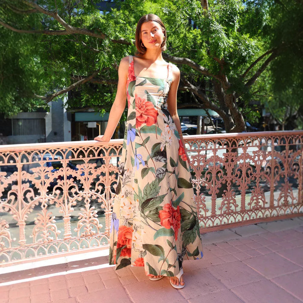 Women's Maxi Dress – A-line Fit – Square Neck – Floral Print – Airy Fabric - Image 4