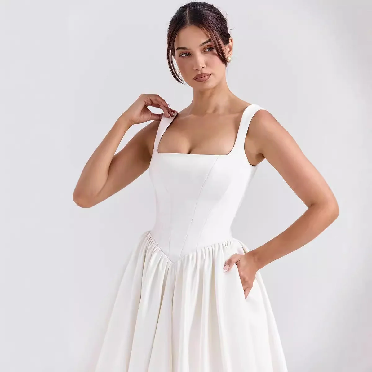 Women's Maxi Dress – A-line Silhouette – Lined Waist – Square Neck – Natural Fabrics - Image 2