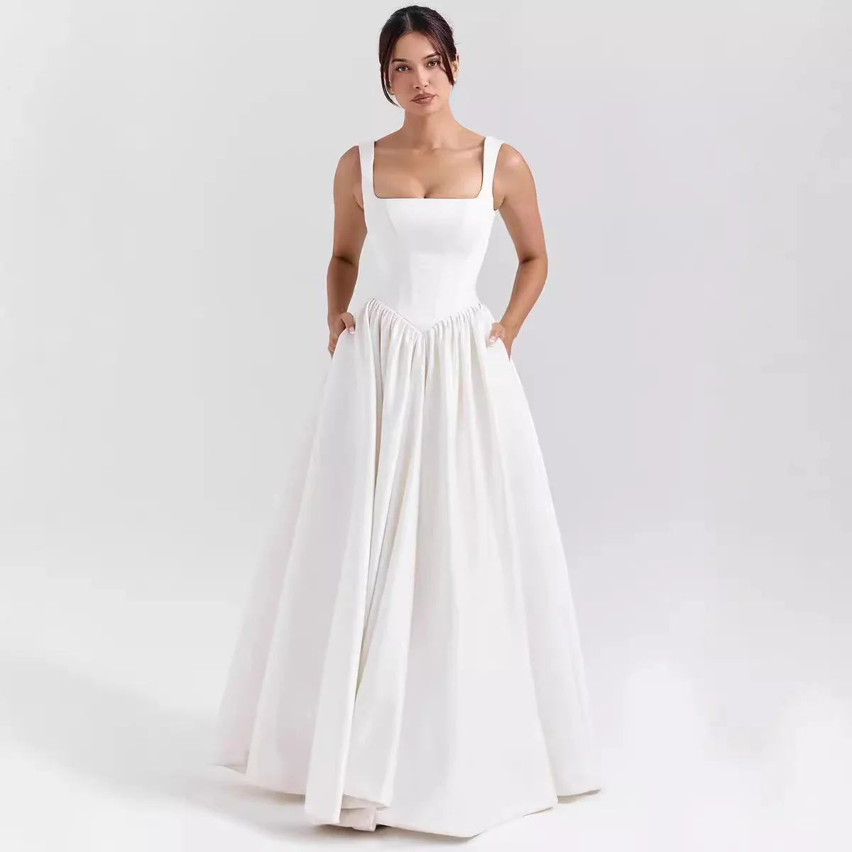 Women's Maxi Dress – A-line Silhouette – Lined Waist – Square Neck – Natural Fabrics - Image 5
