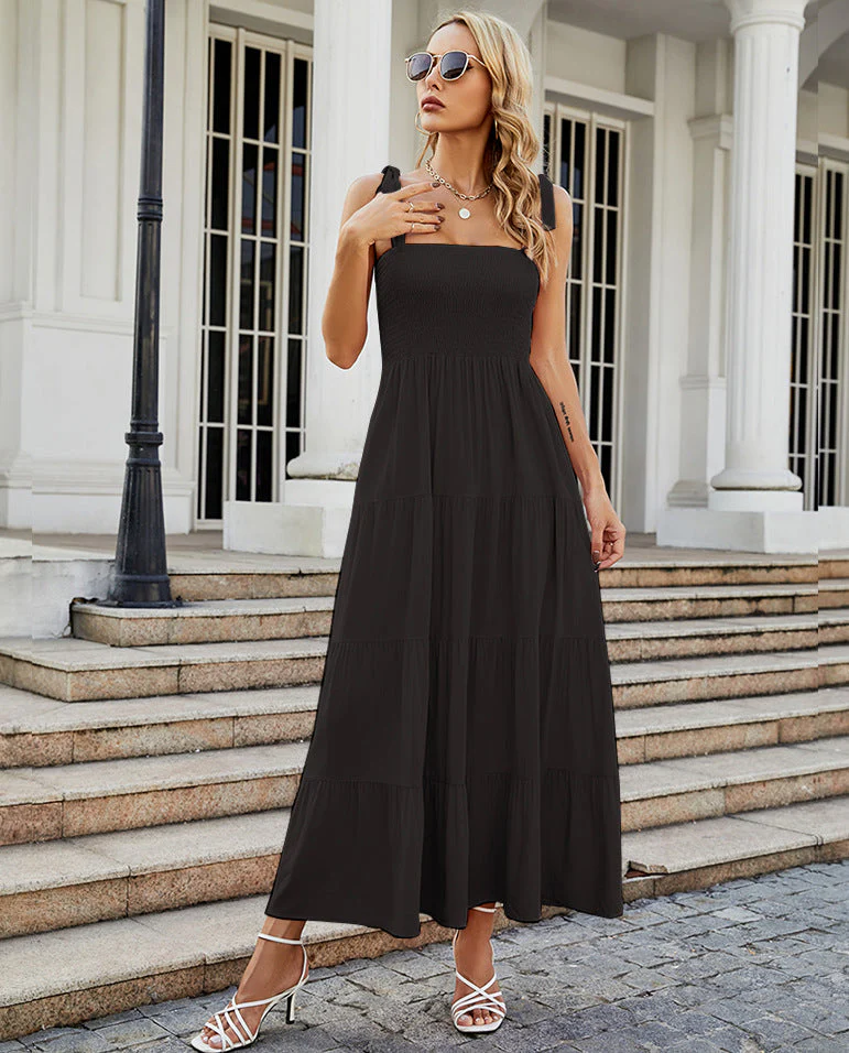 Women's maxi dress – A-line – Smock top – Tie straps – Layered skirt – Backless design - Image 11
