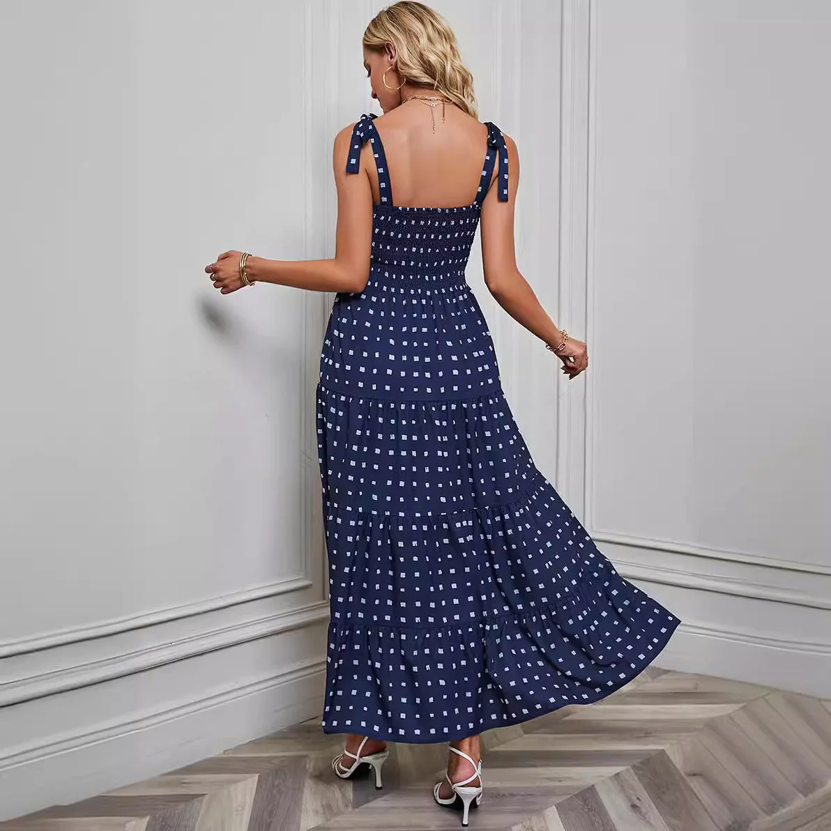 Women's maxi dress – A-line – Smock top – Tie straps – Layered skirt – Backless design - Image 2