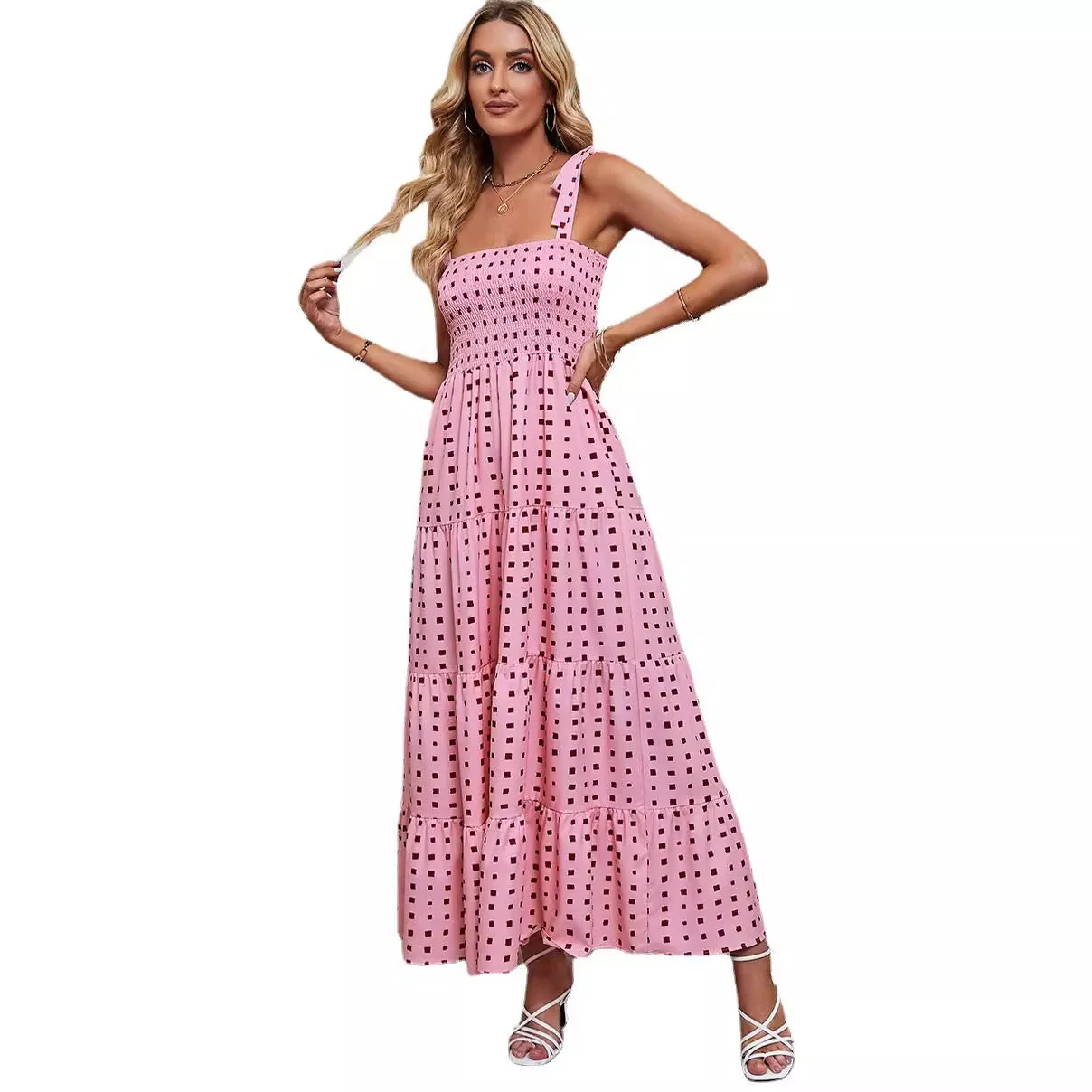 Women's maxi dress – A-line – Smock top – Tie straps – Layered skirt – Backless design - Image 3