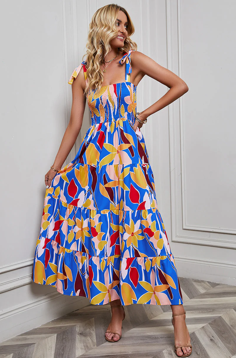 Women's maxi dress – A-line – Smock top – Tie straps – Layered skirt – Backless design - Image 5