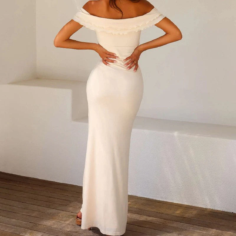Women's maxi-dress – close-fitting – off shoulder – ruched neckline – satin sheen - Image 3