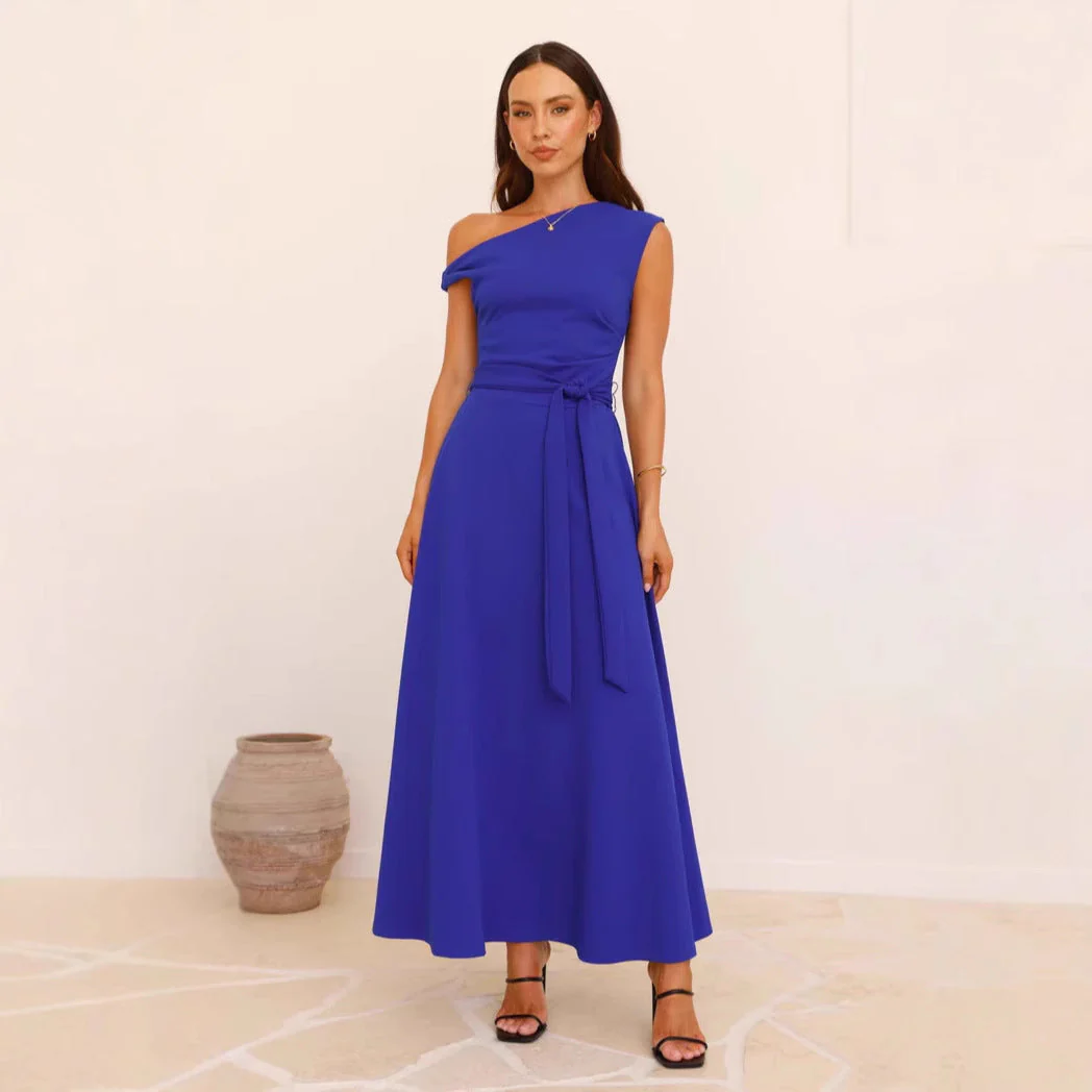 Ladies Maxi Dress – Asymmetrical Neckline – One-Shoulder – Waist Belt – Elegant Model - Image 2