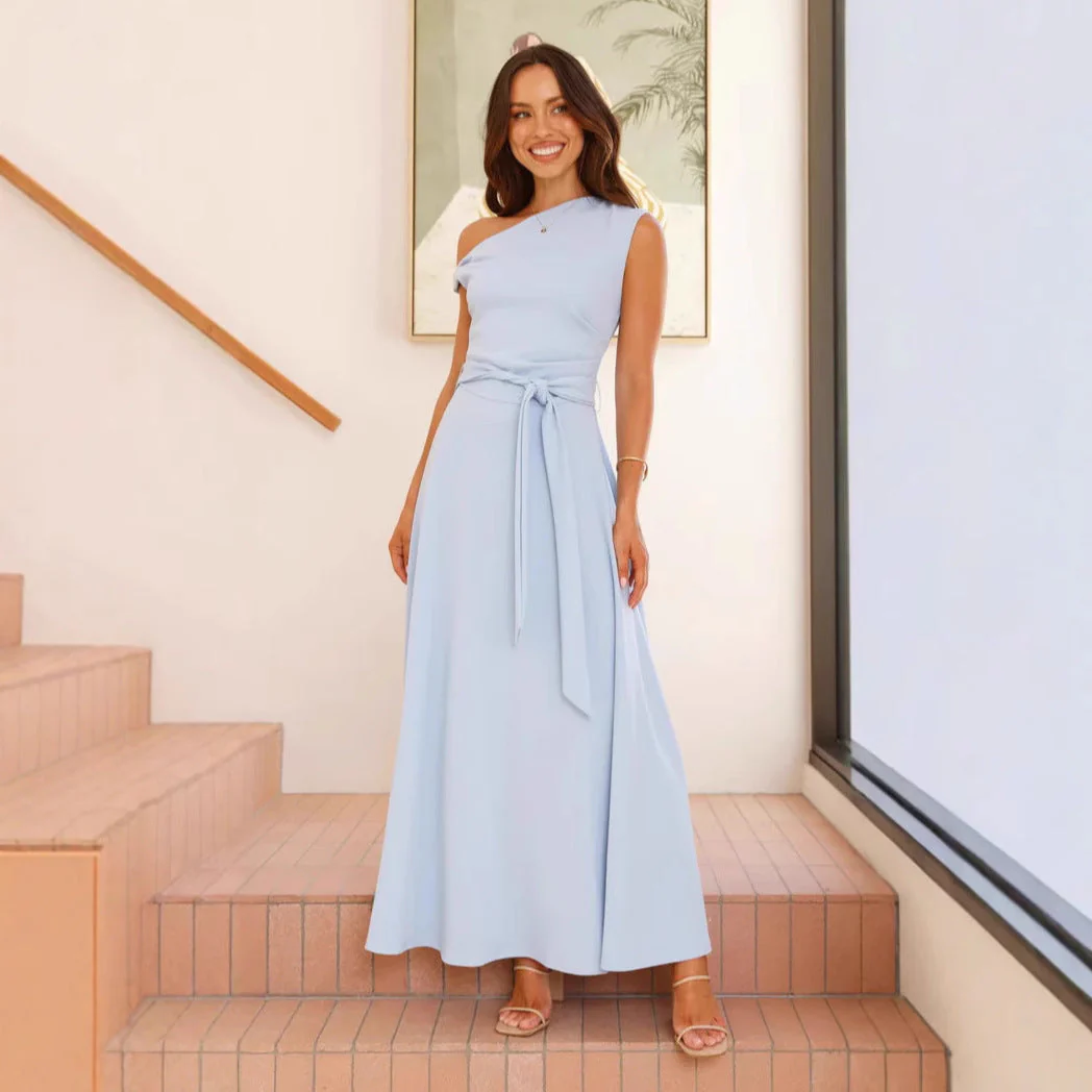 Ladies Maxi Dress – Asymmetrical Neckline – One-Shoulder – Waist Belt – Elegant Model - Image 3
