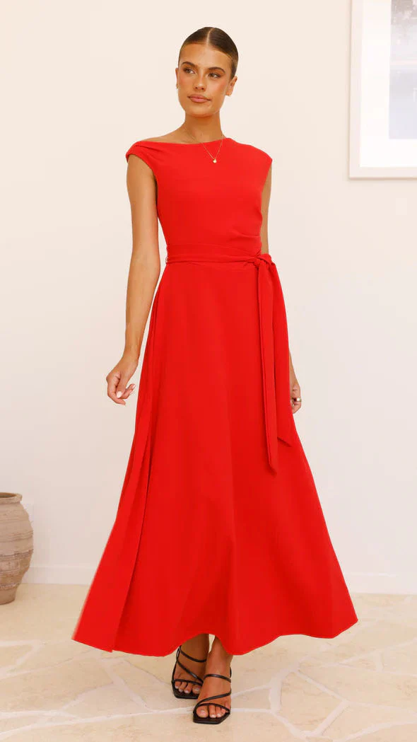 Ladies Maxi Dress – Asymmetrical Neckline – One-Shoulder – Waist Belt – Elegant Model - Image 4