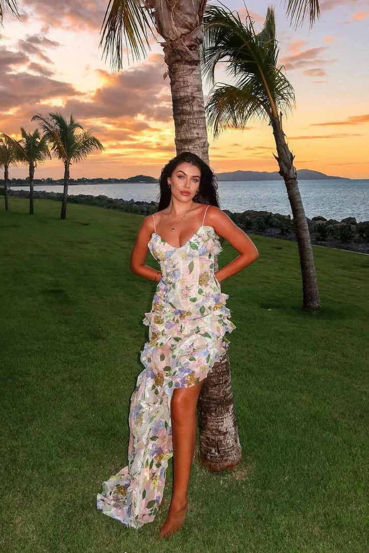 Women's Maxi Dress – Floral Print – Ruffles – Asymmetrical Hem – Airy Fit - Image 4